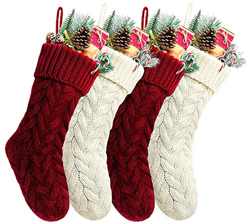 Goege Bailey Pack 4,14 Unique Burgundy and Ivory White Knit Christmas Stockings Style3