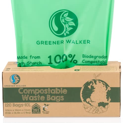 Greener Walker 25% extra spesso compost biodegradabile 6L/10L/30L sacchi per Rifiuti Alimentari da Cucina(10L-120 Sacchetti)