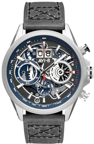 AVI-8 Mens 45mm Hawker Harrier Matador Chronograph Marine Grey Japanese Quartz Pilot Watch with Genuine Leather Strap AV-4065-04