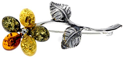 Exklusive Blumen-Brosche aus echtem baltischen Bernstein und Sterlingsilber – 4015, Sterling-Silber, Bernstein