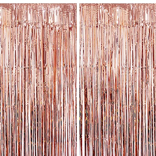 Silvester Lametta Vorhang Rosegold, Folie Fransen Vorhang Schimmer, Metallic Tinsel Vorhange Hintergrund Fringe Glitzervorhänge Fransenvorhang Metallfolie fur Party Deko Geburtstagsdeko -2stk-