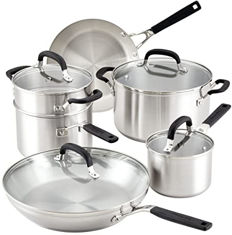 KitchenAid Stainless Steel Cookware/Pots and Pans Set, 10 Piece, Brushed Stainless Steel