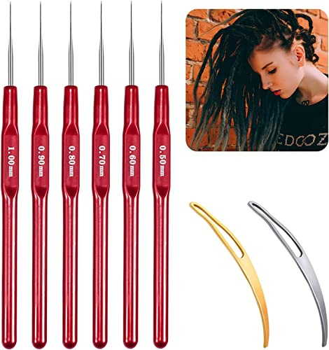 FFWHKON Dreadlock Werkzeug, Nadelhaken Set für Dreadlocks, Rot, Edelstahl, Bambusgriff, 6 Größen: 0,5 mm - 1 mm, 6 Stück