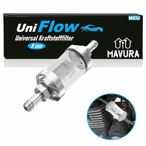 UniFlow Universal Kraftstofffilter Kraftstoff Filter Chrom Glas, Benzin Diesel Universalfilter KFZ Auto Motorrad Aluminium 8mm