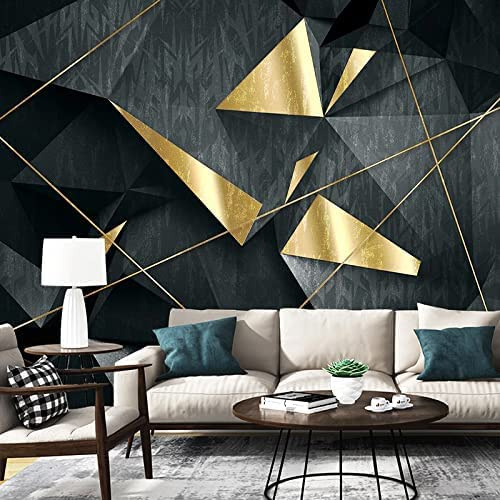 Modern Black Gray Geometric Golden Lines Wall Murals Wallpaper for Bedroom 3D Wall Sticker Art Murals, Waterproof DIY Wall Decor for Bedroom Living Room Classroom Offices Home D 400 (W) x 280 (H) cm