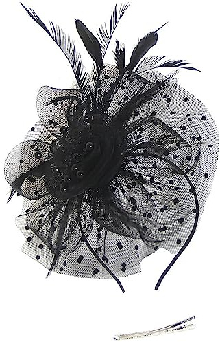 LATRAT Mesh huvudbonad, vintage fjäderbowler-hatt med nät blomhjärta hårdel, för kvinnor flickor (svart)