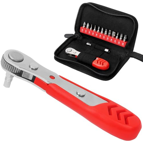 STREBITO Right Angle Screwdriver 14 Piece Mini Ratchet Set, Offset Screwdriver Low Profile Ratchet Screwdriver Set with 1/4 Ratchet, Hex, Phillips, and Torx, EDC Bit Driver for Tight Spaces, Bike
