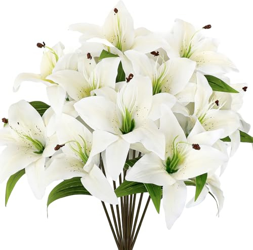 Riceshoot Artificial Tiger Lily Flower White Latex Fake Lily, 12 Pcs