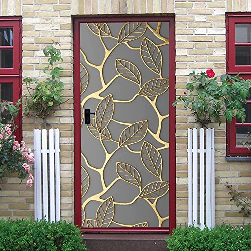 3D Türtapete Selbstklebend Goldene Pflanzenblätter 90 X 210 Cm Diy Wandbild Pvc Wasserdicht Pvc Türtattoos Türposter Türaufkleber Fototapete Türfolie Für Tür,Wohnzimmer,Schlafzimmer - Türkunst