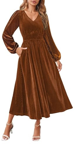 ZESICA Women's Velvet Midi Dress 2025 Casual V Neck Long Sleeve Solid Color Elastic High Waist Flowy Evening Party Dresses Caramel Medium