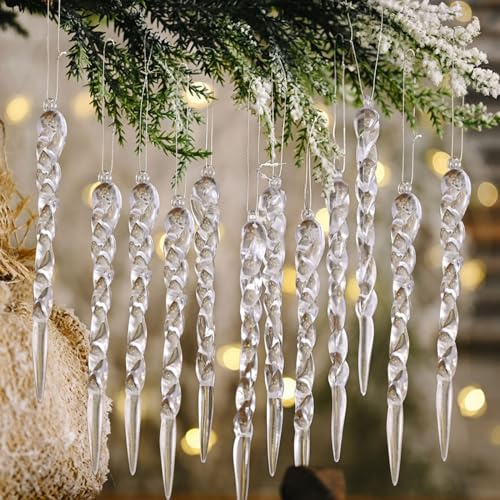 Christmas Tree Ornaments, 12 Pcs Acrylic Crystal Icicles Christmas Hanging Ornaments Pendant Clear Christmas Decorations for Xmas Winter New Year Wedding Party Decor (Icicles)