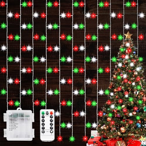 Johiux Christmas Curtain Lights,300 LED 3M x 3M Red White and Green Curtain Fairy Lights,Curtain Lights Indoor Outdoor,Christmas Window Lights,8 Modes Battery Operated