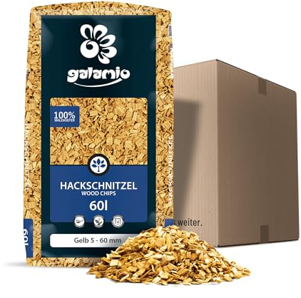 GALAMIO Holzhackschnitzel Gelb Hackschnitzel Mulch Natur Wald Kiefer Pinus Sylvestris Garten Dekor Holz Häcksel Grob 5-60mm 60l Sack / 1 Karton Paligo