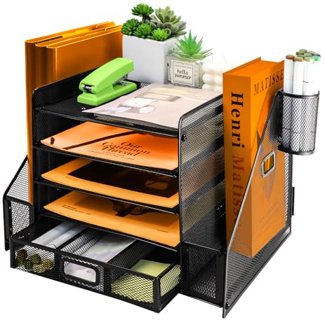 PLSOPPKG 5 Tier Paper Letter Tray with File Holder, Metal Mesh Desk File Organiser with Drawer and Pen Holder, Multifunctional Magazine Document Holder for Home Office