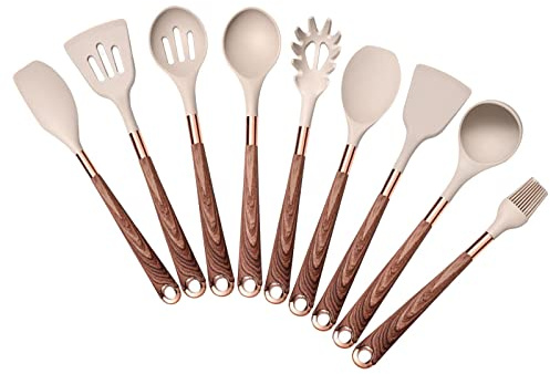 Duiaynke Kitchen Utensils Set,9pcs Non Stick Silicone Cooking Kitchen Utensils Set Heat Resistance Silicone Spatula Spoon Kitchen Gadgets Set (Brown Handle)