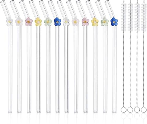 DUMING-IN 12 cannucce riutilizzabili in vetro con 4 spazzole per la pulizia, graziose cannucce in vetro colorate resistenti agli urti, riutilizzabili, lavabili in lavastoviglie per frullati, frullati,