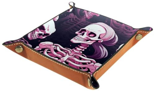 Pinker Horror-Totenkopf-Organizer, zusammenklappbar, dickes PU-Leder, braunes Leder, für Schmuck, Süßigkeiten, Schlüssel, Aufbewahrungsbox, Dekoration, Eingang, Schoßtastatur, Gaming-Würfeltablett