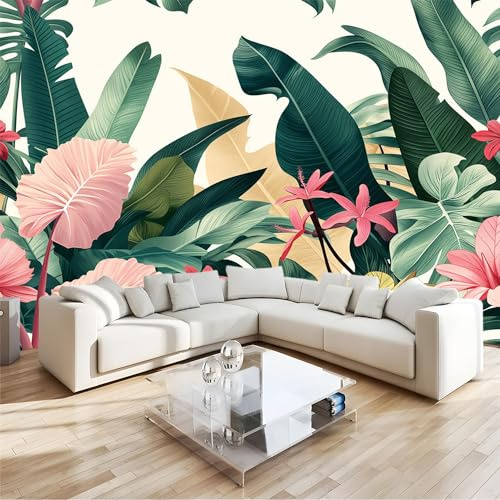 Papier Peint Panoramique 3D Fleur de Feuille de Bananier de Plante Tropicale 350x256cm intissé Murale pour Salon Chambre d'enfants Décoration Murale, Vert Chambre Poster Mural Fresques Murales