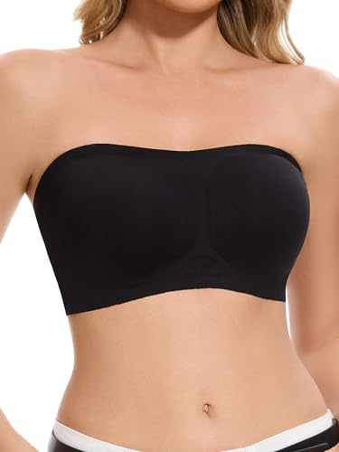 HBselect Women's Wireless Strapless Bras Seamless Bandeau Bra Padded Anti-Slip Tube Bra Sports Yoga Push Up Bralette Black