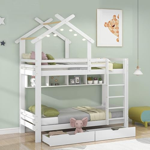 Etagenbett mit Schubladen und Regalen, Hausbett mit Rausfallschutz und Leiter, Stockbett mit 2 Lattenrost, Gestell aus Kiefernholz, Stauraumbett für Jugend, Weiß, (90 * 200cm)