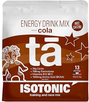 Boisson Énergétique fabriquée en France. Apport en Glucides, Electrolytes (sodium, magnésium, potassium) Vit (C, B6, B12) et BCAA. Sac de 520g soit 13 bidons de 500ml (Cola)