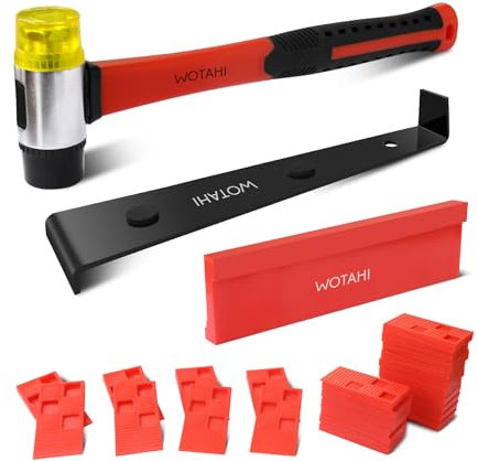 WOTAHI 43-Piece Pro Laminate Flooring Installation Tools Kit - 35 mm Double-Faced Fiberglass Handle Hammer, 40 Floor Spacers, Heavy Duty Pull Bar and Tapping Block for Hardwood, Laminate and Vinyl