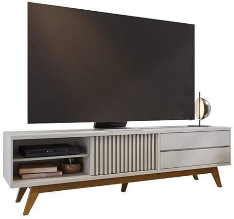 Meuble TV 75 Pouces Blanc Grisé Pieds Bois 1 Porte 2 Tiroirs 3 Niches L 200 H 55.2 P 37.7 cm