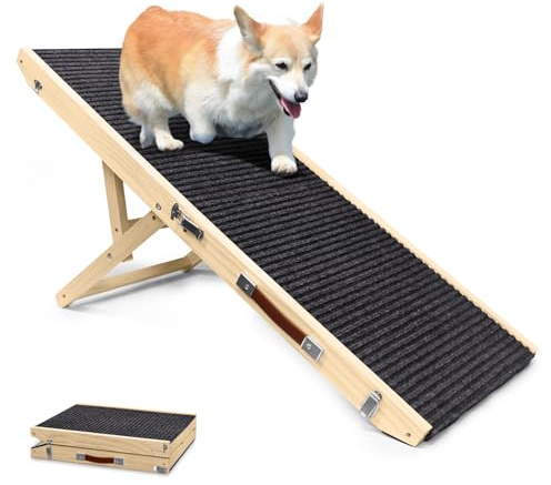Rampe réglable en bois pour animaux de compagnie | Escalier pliable pour chien avec tapis antidérapant | 4 niveaux de hauteur | Portable et léger pour animaux de compagnie de petite et moyenne taille