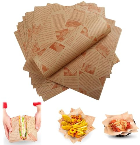 PYEUIFT 100 Feuilles Papier Emballage Alimentaire, Alimentaire Papier Cuisson, Étanche et Résistant à l'huile, Style Journal Vintage, pour Sandwich, Frites(22*22cm)