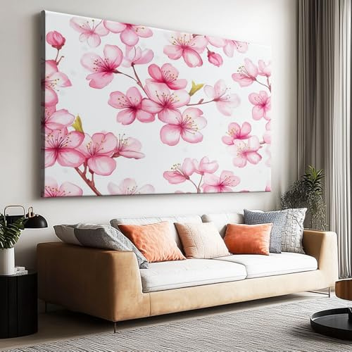 Lienzo de acuarela con diseño de flor de cerezo rosa para sala de estar, dormitorio, pasillo, cocina u oficina, impresiones coloridas, arte de pared extragrande, 160 x 80 cm