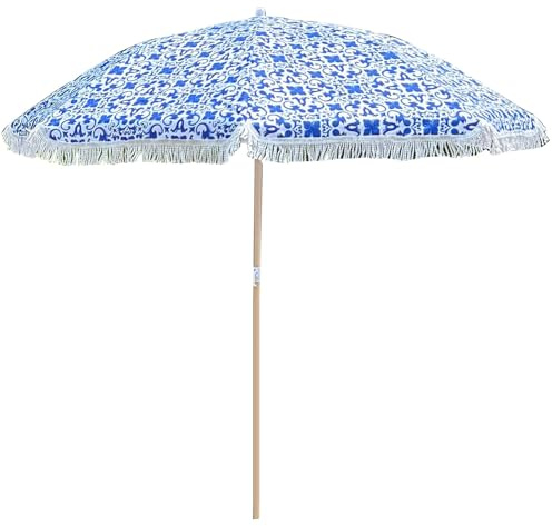 Piccolo Ombrellone da Giardino con Frange, Ombrellone da Spiaggia Boho con Inclinazione a Pulsante e 8 robuste Stecche, Ombrellone da Giardino Portatile, da Tavolo (Piccoli Fiori Blu)