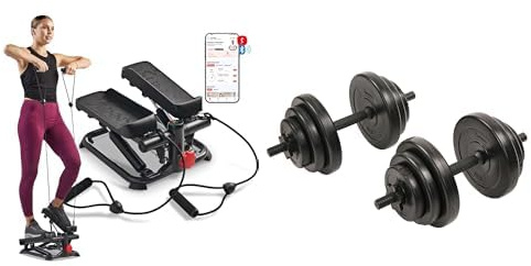 Sunny Health and Fitness Total Body Smart 2-in-1 Stepper Machine, Total Body Workout, Adjustable + Exercise Vinyl 18 KG Dumbbell Set Hand Weights for Strength Training, Weight Loss, Workout Bench