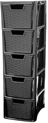 KYY'Z Rattan Effect 3 Drawer Plastic Storage Organizer- Multipurpose Storage Drawer Unit Home Kitchen Office School Garage Bedroom Bathroom Stationery Toys 25Dx19Wx 48Hcm (Black, 5 Tier)