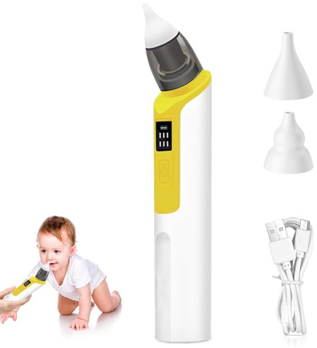 Elektrisk näsdammsugare, näsrenare baby, anti-återflöde, uppladdningsbar näsdammsugare, mild näsrengöring, med 6 sugsteg och 2 silikontips för daglig babyvård (gul)