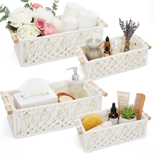 Vesici 4 Pcs White Boho Macrame Baskets for Shelf 12.5 10.5 Wood Handles | Hand Woven Storage Organizer with Beads, Bathroom Countertop Cabinet Holder, Decorative Handles for Toiletries Cosmetics Home
