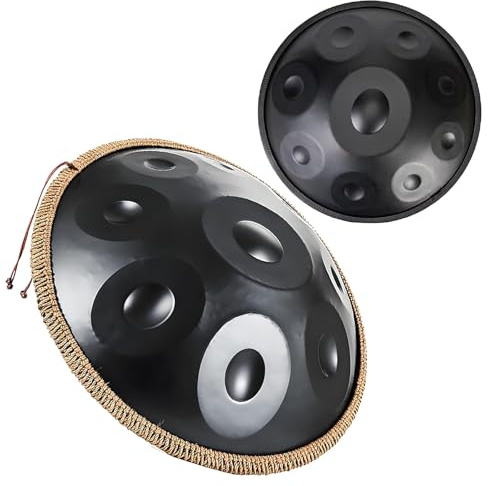 Handpan Anfänger, 9/10/12 Töne 56cm 432 HZ/440 HZ Stahltrommel in D-Moll Kurd Handpan Instrument Mit Ständer, Tasche, Schlägeln für Sound Healing, Meditation, Yoga(Schwarz,440HZ/9Hinweis)