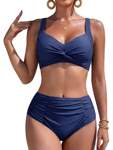 Vijamiy Costume Donna Due Pezzi Vita Alta Curvy Tonificare l'addome Bikini Push Up Sexy Scollo a V Costumi da Bagno Piscina sulla Spiaggia(Blu Navy,M)