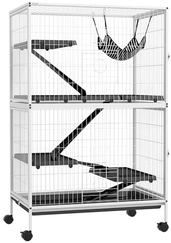 PawHut Jaula para Animales Pequeños de 4 Niveles con Ruedas Rampas Hamaca Colgante y Bandeja Extraíble Jaula para Roedores Recinto para Conejos Chinchillas Hurones 80x52x128 cm Blanco