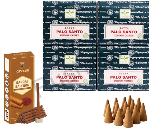 Satya Palo Santo Dhoop Cones with Stand, 4 Packs x 12 (48 Cones Total) + Rushant Sandal Saffron Dhoop Sticks (10) – Incense Set for Relaxation & Meditation