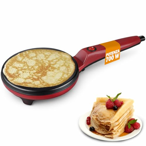 BAKAJI Crepiera Elettrica Rossa con Manico e Tasto di Accensione e Spegnimento, Potenza 700W, Piastra per Crepes in Alluminio con Rivestimento Antiaderente, Facile da Pulire e Veloce da Usare (Rosso)