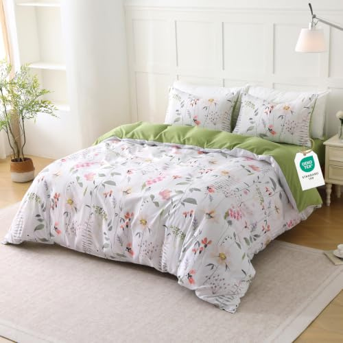 HOMHOMHA 4 Piece Double Bedding set with Fitted Sheet - Floral Double Cover Set 4 Piece Green Bedding- 200x200cm Duvet Cover, 2 Pillowcases & 40cm Deep Fitted Sheet