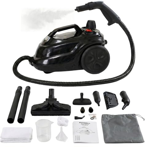 Powell Vaporeta Limpieza Hogar 2000W, Limpiador a Vapor con Accesorios, para Suelos, Tapicerías, Baño, Cocina, Alfombras y Ventanas, Depósito Extraíble, Negro