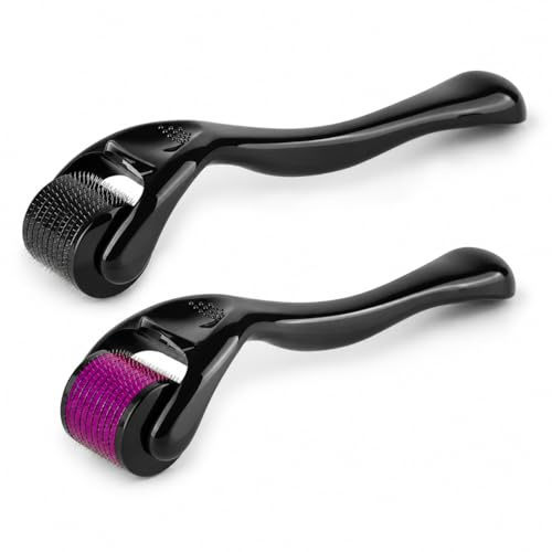 Lot de 2 derma rollers 0,5 mm et 1,0 mm avec 540 aiguilles pour le visage, le cuir chevelu et le corps, rouleau à barbe et à cheveux pour soins de la peau et des cheveux, contre les grands pores, pour