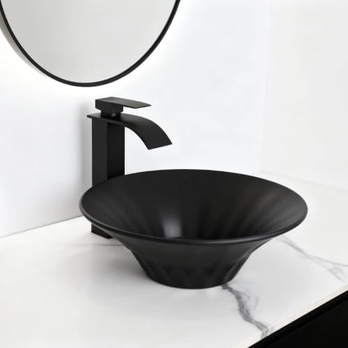Zoyueyu Lavandino da bagno rotondo nero – Lavabo da appoggio in resina con scarico pop-up, moderno lavabo da bagno per casa e commerciale