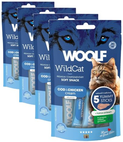 WOOLF Functional Cat Cream Snacks - Natural Ingredients & Moisture-Rich to Support Hydration, Yucca Extract to Promote Gut Health, Easy Digestion, Gluten-Free, Low Calorie Treat (Cod & Chicken, 5x14g)
