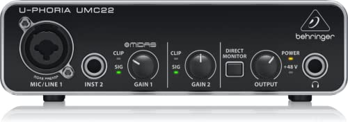 Behringer UMC22 Audiophile 2x2, 48 kHz USB Audio Interface with Midas Mic Preamplifier for Recording Microphones and Instruments