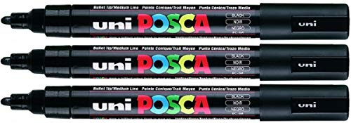 Uni Posca PC- 5 m Black Paint Marker Stifte, 5 mm, mittlere Rundspitze, Spitze schreibt auf allen Oberflächen aus Glas, Kunststoff, Stoff Metall Holz, 3 Stück