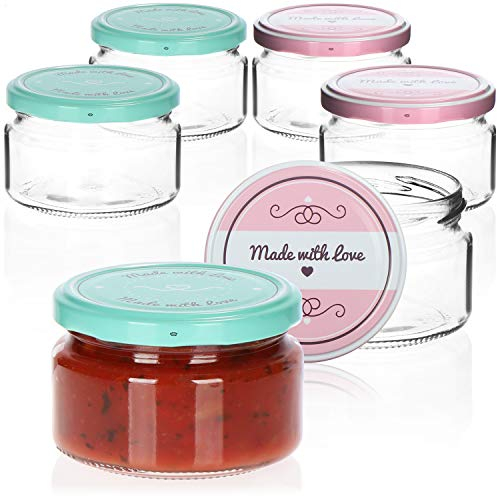com-four® 6x Einmachgläser mit Schraub-Deckel Made with love in grün und rosa - TO Ø 82 mm - empfohlene Füllmenge ca. 200 ml - bis Glasrand: ca. 250 ml