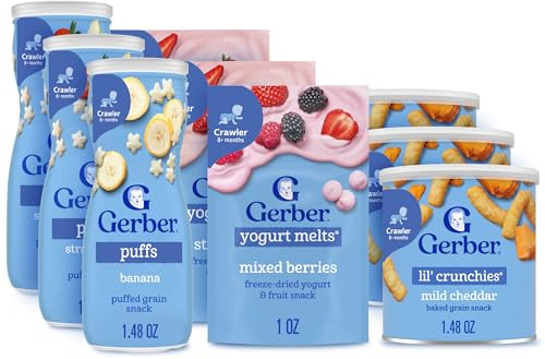 Gerber Strawberry Yogurt Melts, Mixed Berries Yogurt Melts, Banana Puffs, Strawberry Apple Puffs, Mild Cheddar Lil' Crunchies, 9-Pack