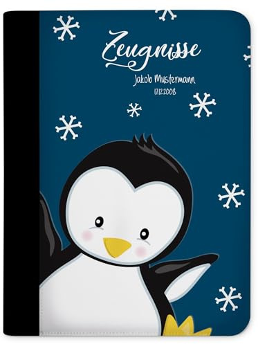 CreaDesign Zeugnismappe A4 mit Namen personalisiert – Pinguin Blau – für Jungen – Dokumentenmappe Schule ohne Klarsichthüllen